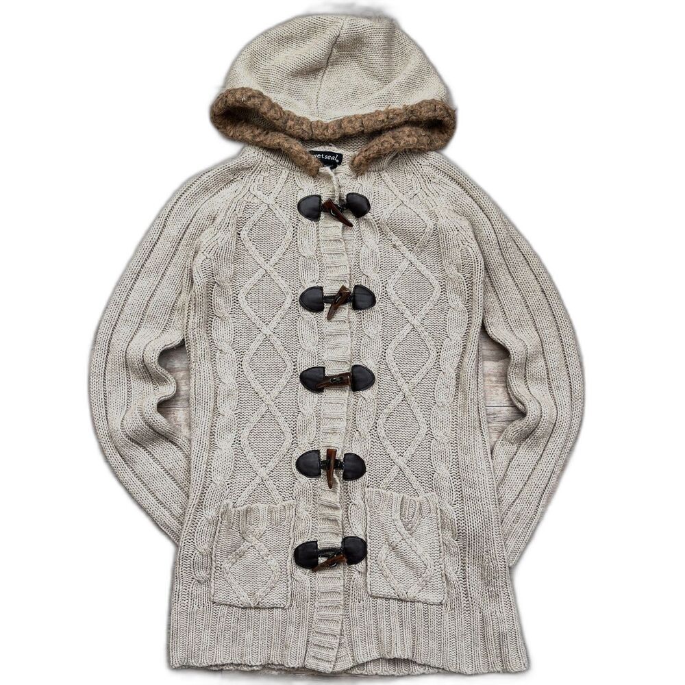 Y2K Wet Seal Toggle Hooded Cable Knit Cardigan Fur Trim Cozy Coquette Cabin Core